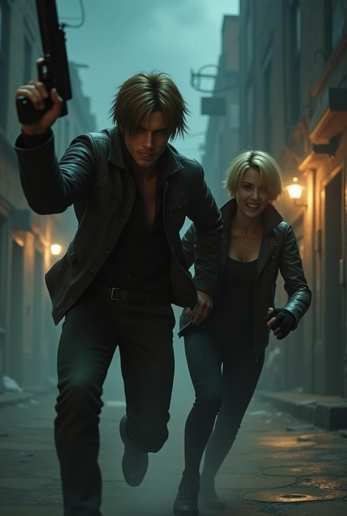 Leon hair to the eye,ashley blonde hair short to the cheek,resident evil,with a gun raised,sprinting.