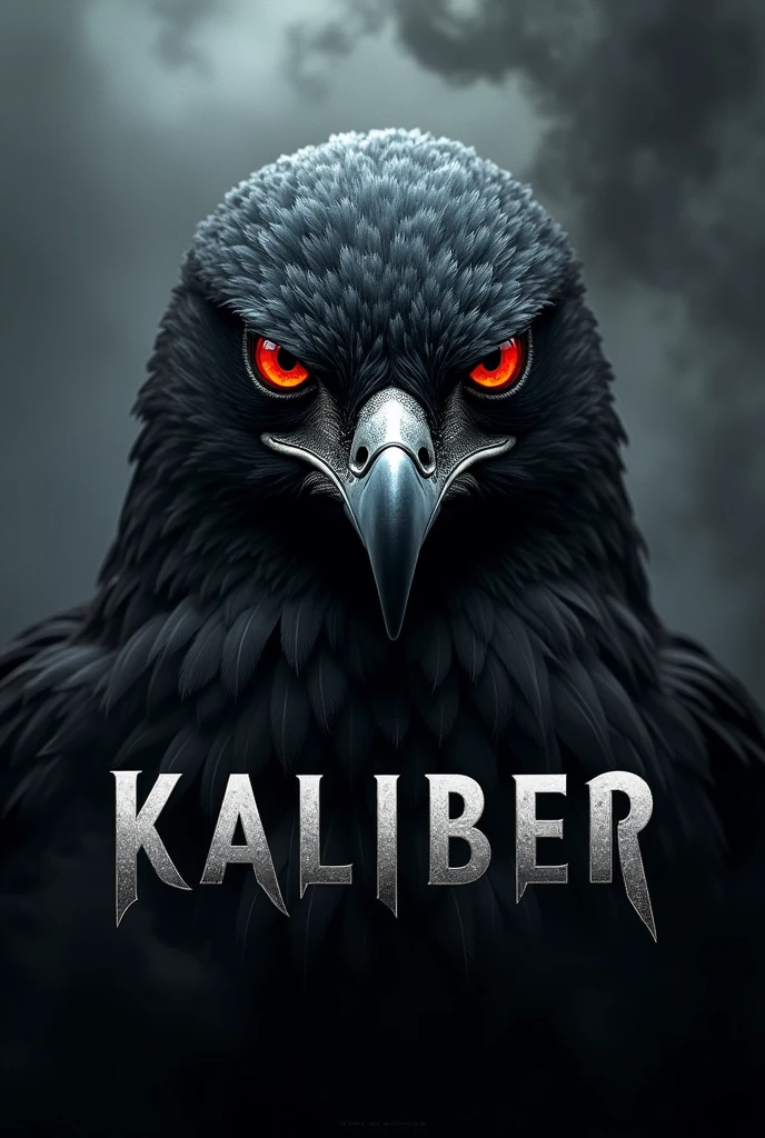Just the face of a black faced hawk with red eyes with the words kaliber below it with smoke in the background 