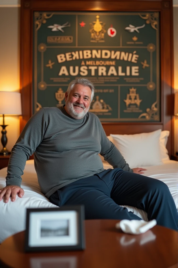Homme caucasien grand de taille, charmant, un peu costaud, habillé en pantalon et tee-shirt manche longue, assis ou adossé sur une table dans une grande chambre d'hôtel et sur la table sur laquelle est assis ou adossé le charmant homme il faut qu'il y ait un papier mouchoir déjà utilisé sur la table et sur le lit de l'hôtel qu'il soit déposer un cadre photo grand ou moyen qu'il est possible de faire arrêter sur le lit et faire face à la caméra et sur le mur du chevet du lit un tableau sur lequel il est écrit en français : Bienvenue à Melbourne AUSTRALIE et autour de la phrase qu'il y ait les emblèmes du Canada Québec ou le drapeau du Canada Québec