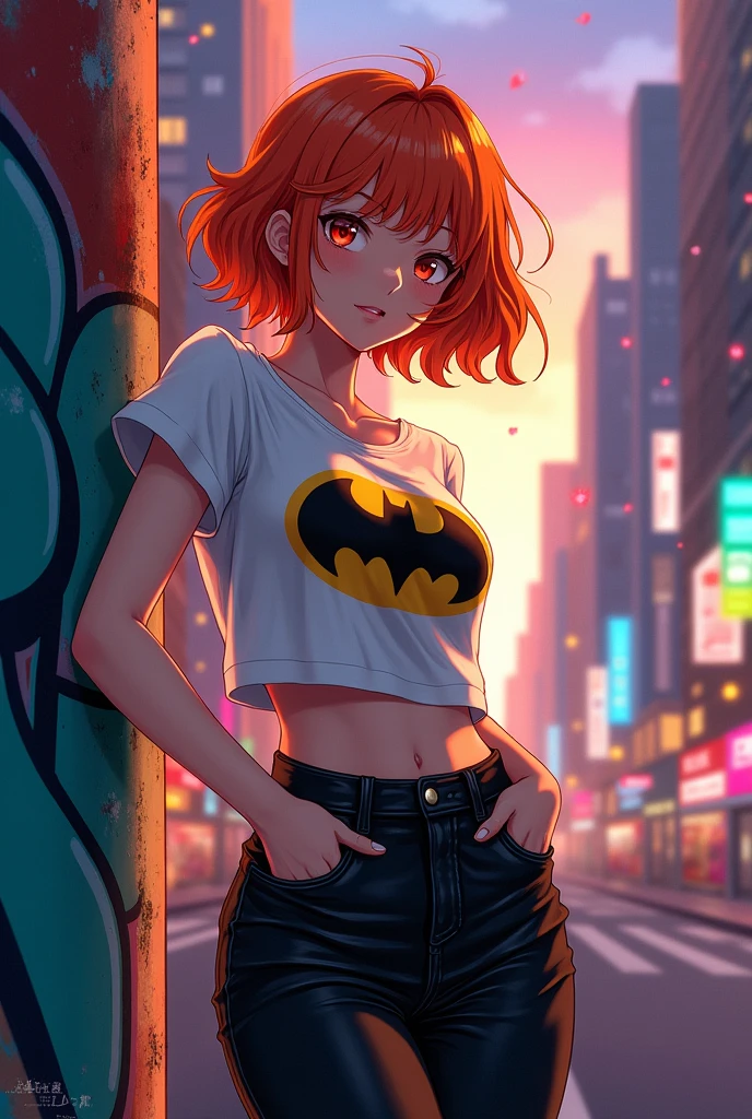 Tanned skin, short orange hair, black pants, a short black Batman t-shirt , women ,anime
