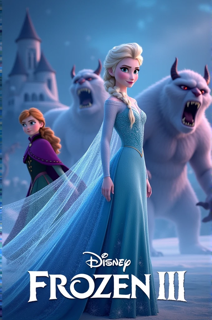 Briefly I want a cover page for FROZEN III whereby Elsa to be in a white dress hair open and Anna 
Three monsters with horns and arandelle palace 
Lastly state Disney FROZEN III 