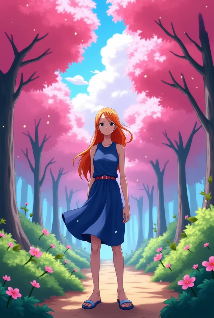 wallpaper anime one piece com a nami, tematica em floresta rosa