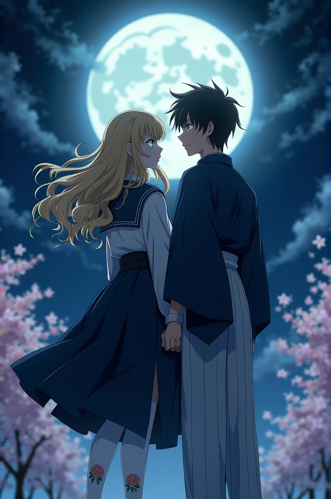 Captura de pantalla de kimetsu no yaiba. A girl with phosphorescent green eyes, beige wavy hair, wearing Mitsuri's uniform but with the top covered, wearing long white stockings with a pair of pink roses, with a dark blue haori and holding hands with Muichiro Tokito