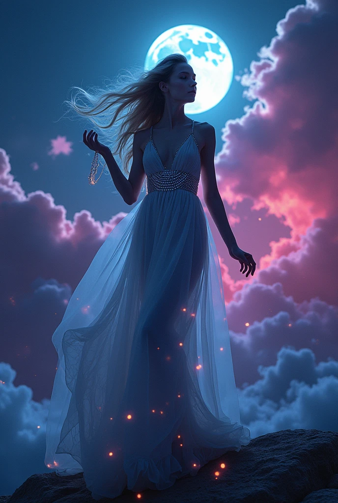 A beautiful sensual woman with dark backgrounds combined with vibrant and intense multi-colored neon and clouds, full moon and goddess of love from Olympus