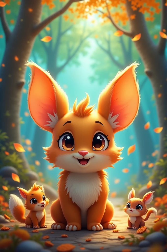 Draw a charismatic character with great potential to captivate audiences, like classic Disney characters. This character should be an enchanting and unique creature, with large, expressive eyes that convey intense emotions. Its form is gentle and friendly, with vibrant colors and subtle details that catch the eye, like a warm smile and big, fluffy ears. The setting is a magical and luminous world, full of fantastical trees and adorable creatures that interact with the main character, creating a charming and fun atmosphere. The style should be fluid and full of movement, with an engaging visual narrative that blends adventure and excitement, Appealing to all ages."