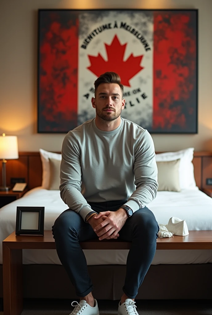 Homme caucasien grand de taille, charmant, un peu costaud, habillé en pantalon et tee-shirt manche longue, assis ou adossé sur une table dans une grande chambre d'hôtel et sur la table sur laquelle est assis ou adossé le charmant homme il faut qu'il y ait un papier mouchoir déjà utilisé sur la table et sur le lit de l'hôtel qu'il soit déposer un cadre photo grand ou moyen qu'il est possible de faire arrêter sur le lit et faire face à la caméra et sur le mur du chevet du lit un tableau sur lequel il est écrit en français : Bienvenue à Melbourne AUSTRALIE et autour de la phrase qu'il y ait les emblèmes du Canada Québec ou le drapeau du Canada Québec