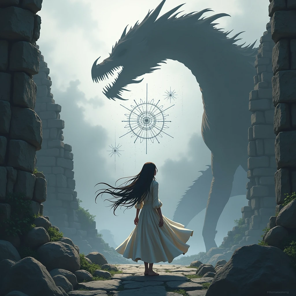 High resolution, High resolution, Ruin,Dragon,Hair blowing in the wind, tears, Correlation diagram, anime, woman,Black and White