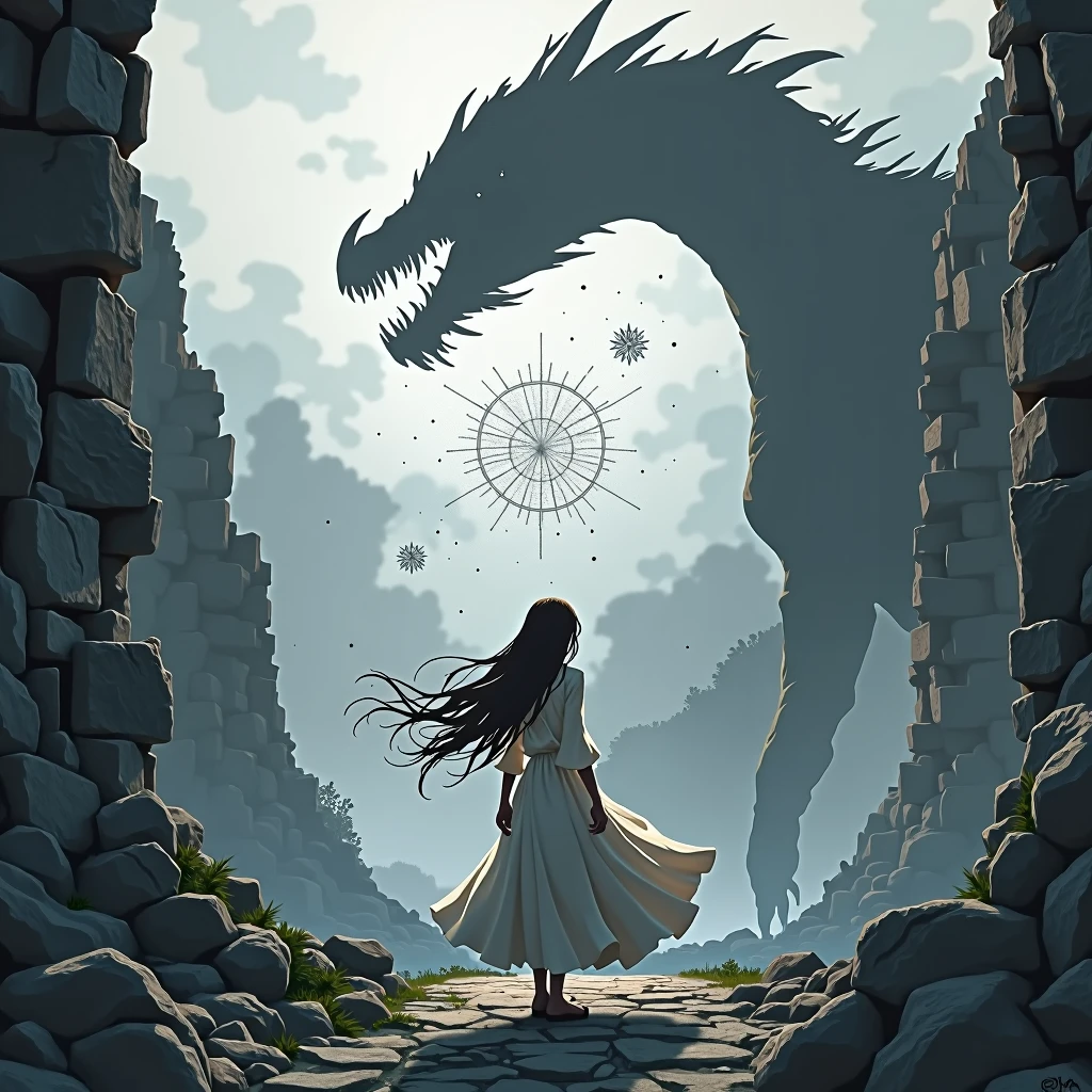 High resolution, High resolution, Ruin,Dragon,Hair blowing in the wind, tears, Correlation diagram, anime, woman,Black and White