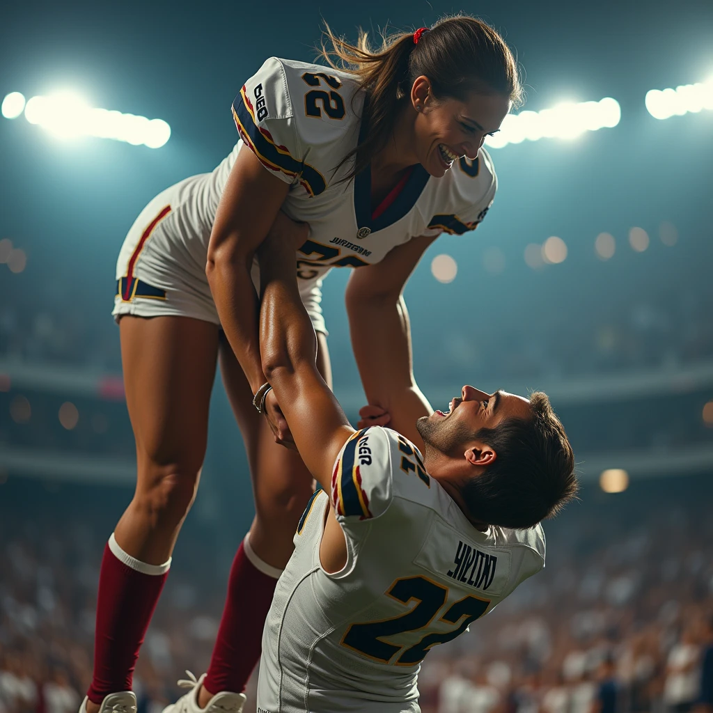 a beautiful muscular female cheerleader, lifting and holding a male football player over her head, smiling at him, scared expression on his face, dynamic action pose, athletic, powerful, cinematic lighting, vibrant colors, hyper-detailed, 8k, photorealistic, professional photography, stunning composition, heroic, dramatic