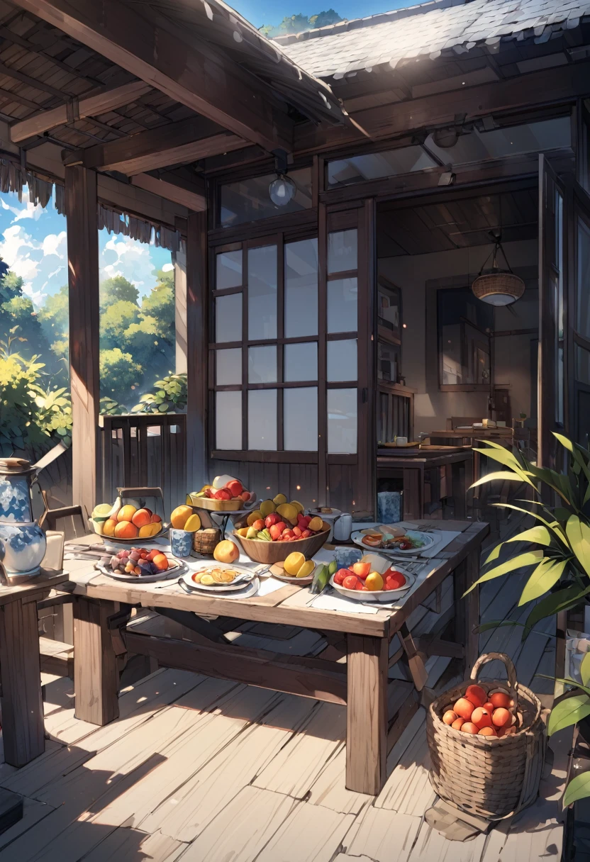 On a hot summer day、A dining table laden with cold summer fruits