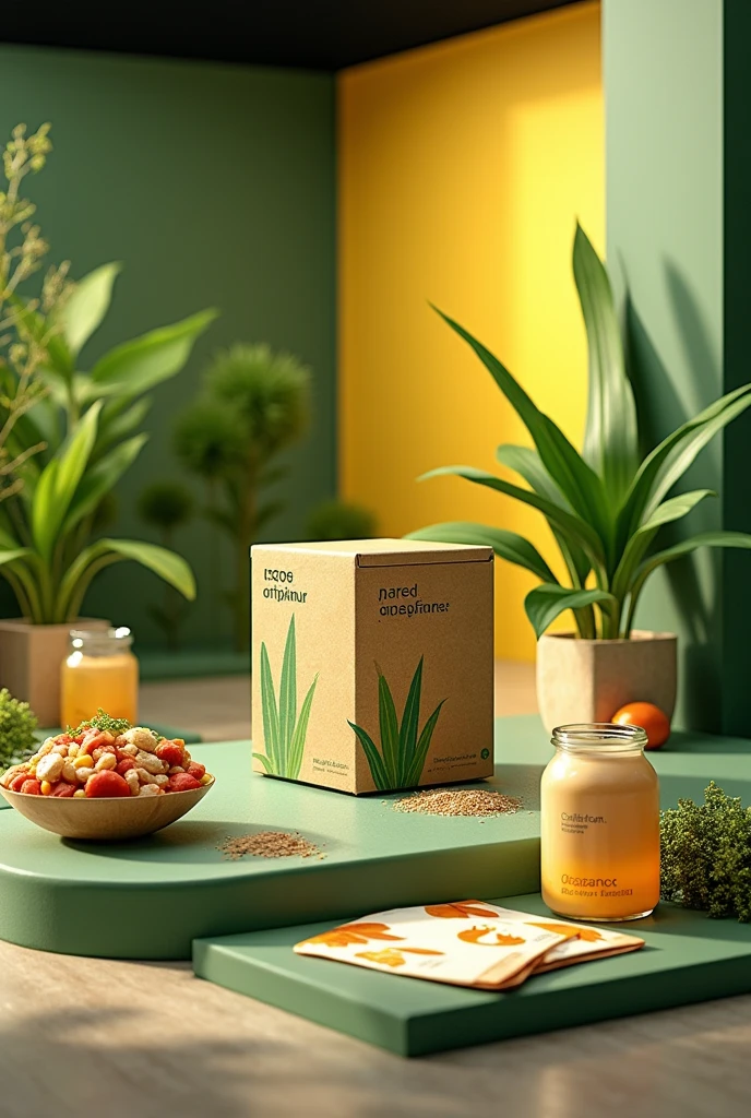 generate an image of kiosk 3d exhibition stall display for product biodegradable rice husk food packaging box with food moisture absorber packet