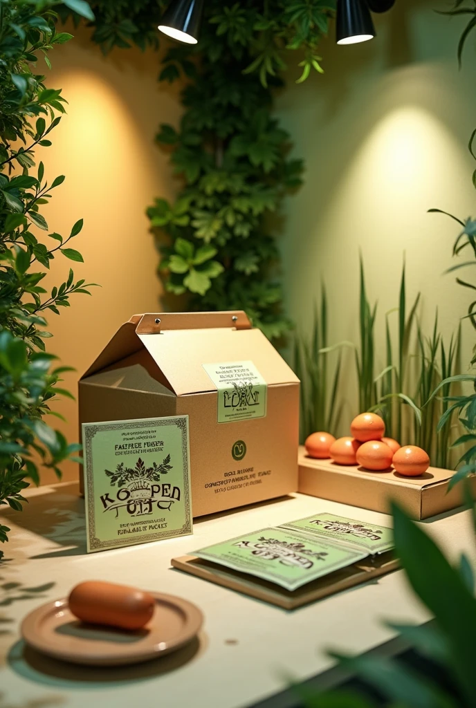 generate an image of kiosk 3d exhibition stall display for product biodegradable rice husk food packaging box with food moisture absorber packet