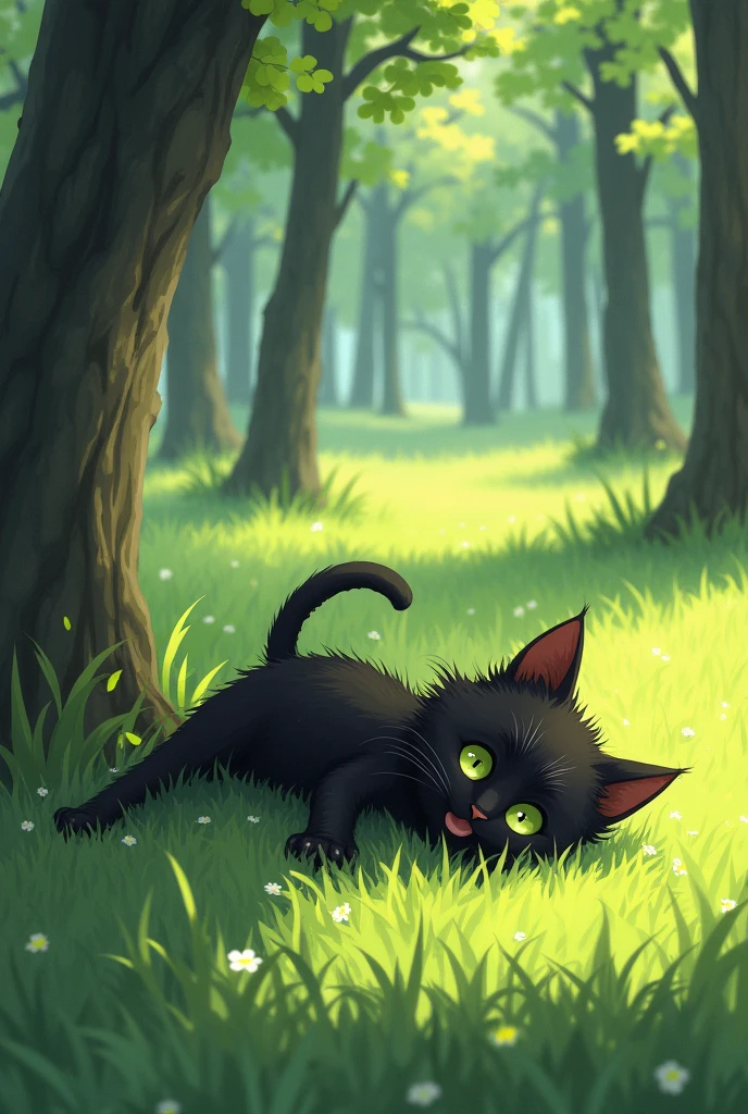 Skinny, injured black cat lying on the grass with a background of trees, drawn in anime style. 