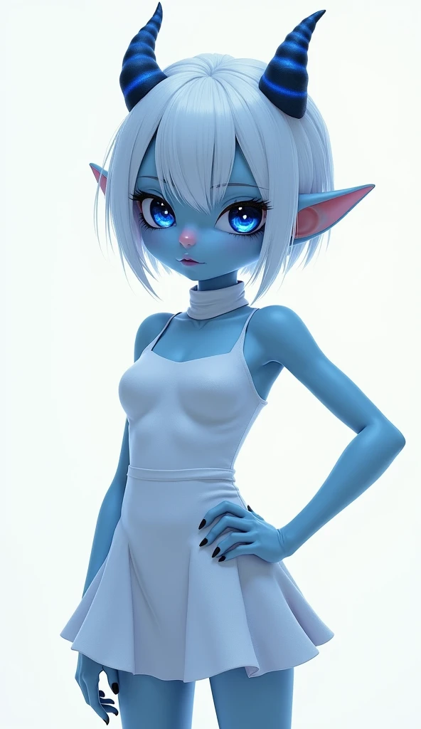 score_9, score_8_up, score_7_up,((best quality)), absurdnes, ((best quality)), CoquelinePXL, 1 femboy, feminine male, adult, 20 years old, black pupil, glowing blue iris, black sclera, blue skin, short white peekaboo style hair, pointy elf ears, bluish-black short demon horns, azure blue demon tail, white empire waist dress, tight dress, very mini skirt, sleeveless, turtle neck, solid white background, solo, hand on waist, looking at viewer, big ass, flat chest, no clevage, cute anime inspired art