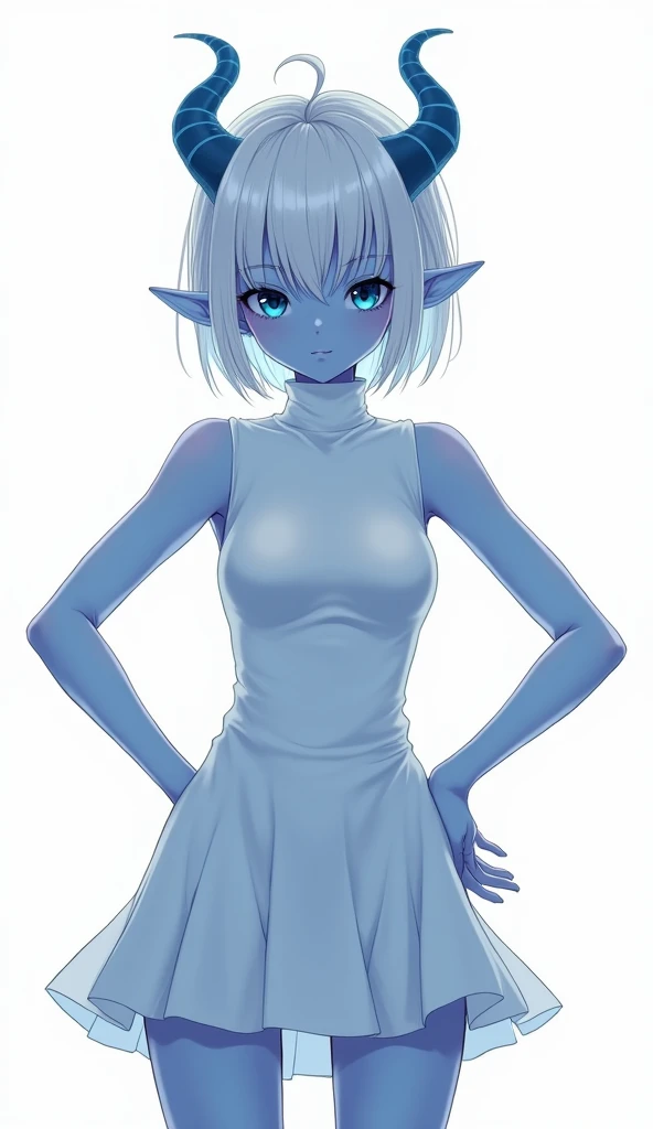 score_9, score_8_up, score_7_up,((best quality)), absurdnes, ((best quality)), CoquelinePXL, 1 femboy, feminine male, adult, 20 years old, black pupil, glowing blue iris, black sclera, blue skin, short white peekaboo style hair, pointy elf ears, bluish-black short demon horns, azure blue demon tail, white empire waist dress, tight dress, very mini skirt, sleeveless, turtle neck, solid white background, solo, hand on waist, looking at viewer, big ass, flat chest, no clevage, cute anime inspired art