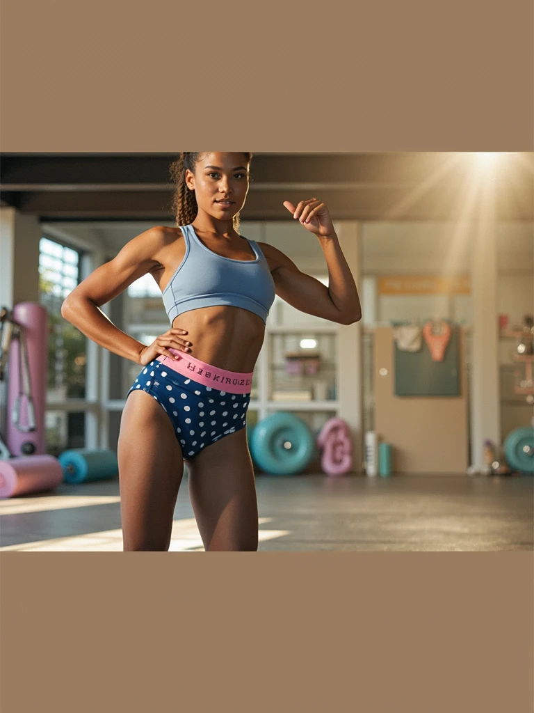 Girl with dark blue bra strap and light blue sport bra over that and a pink jockey dotted design underwear. She is light dusky and has deep navel. Use face from image promt