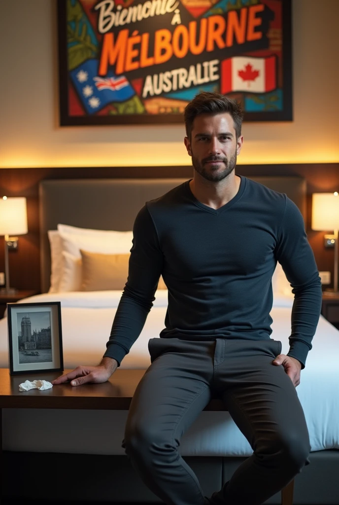 Homme caucasien grand de taille, charmant, un peu costaud, habillé en pantalon et tee-shirt manche longue, assis ou adossé sur une table dans une grande chambre d'hôtel et sur la table sur laquelle est assis ou adossé le charmant homme il faut qu'il y ait un papier mouchoir déjà utilisé sur la table et sur le lit de l'hôtel qu'il soit déposer un cadre photo grand ou moyen qu'il est possible de faire arrêter sur le lit et faire face à la caméra et sur le mur du chevet du lit un tableau sur lequel il est écrit en français : Bienvenue à Melbourne AUSTRALIE et autour de la phrase qu'il y ait les emblèmes du Canada Québec ou le drapeau du Canada Québec