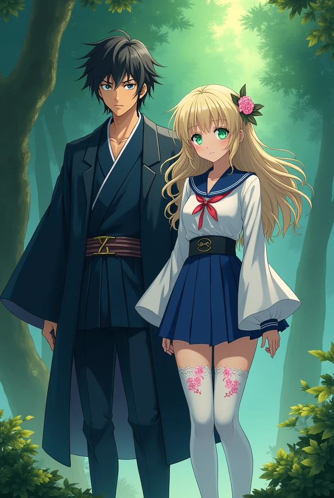 Captura de pantalla de kimetsu no yaiba. A girl with phosphorescent green eyes, beige wavy hair, wearing Mitsuri's uniform but with the top covered, wearing long white stockings with a pair of pink roses, with a dark blue haori and holding hands with Muichiro Tokito.