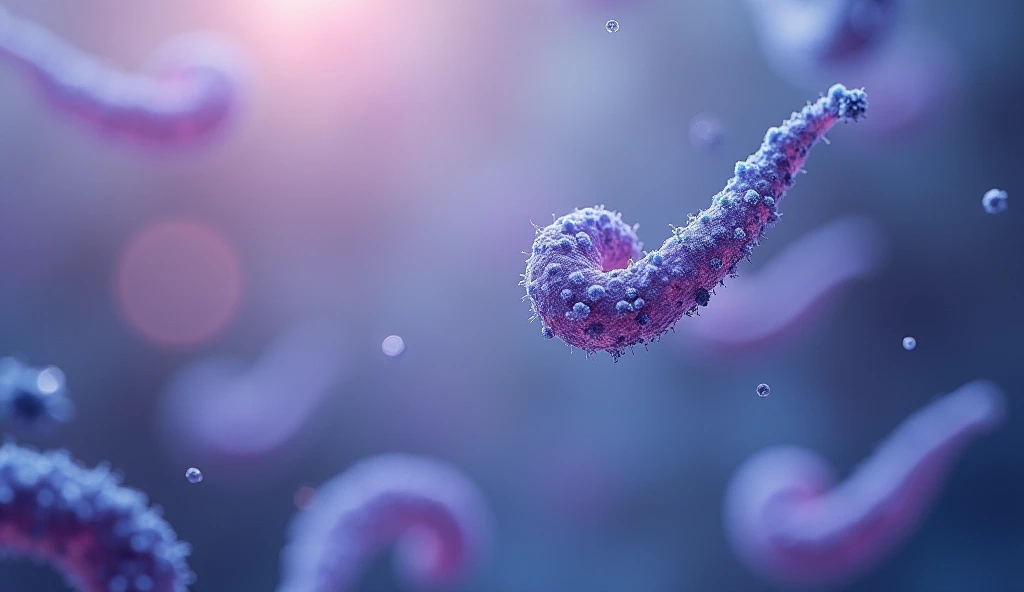 "A highly realistic, detailed microscopic image of Helicobacter pylori bacteria. The bacteria are spiral-shaped and floating in a slightly hazy, magnified view. The colors are muted, with the bacteria appearing in shades of blue and purple."