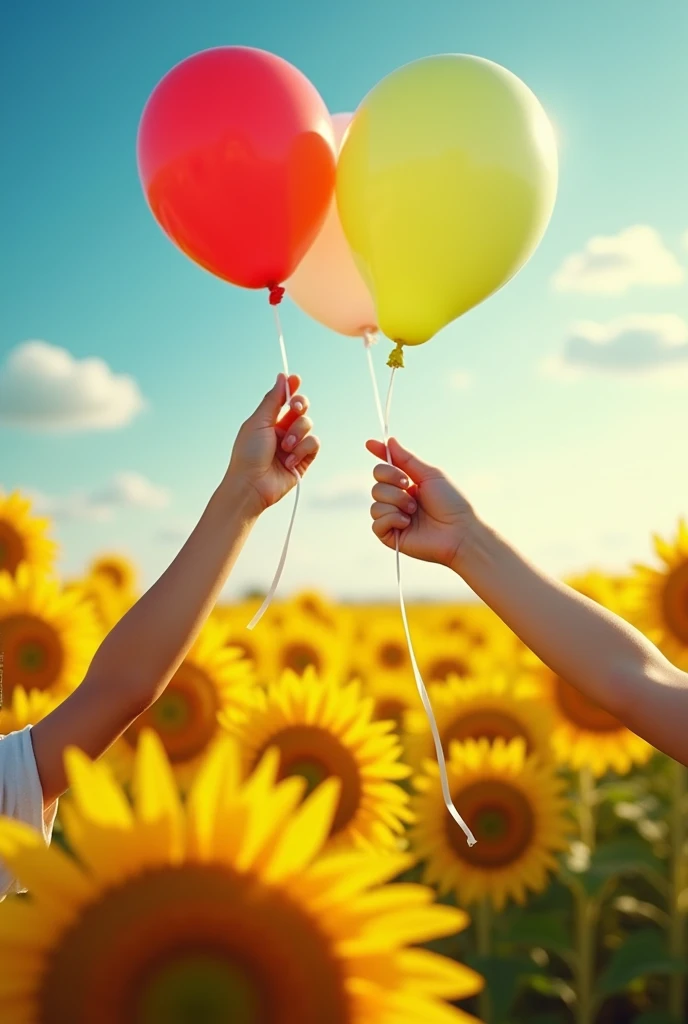 Hands close-up、Movie Posters、Hand the balloon to the child.、Sunflower field