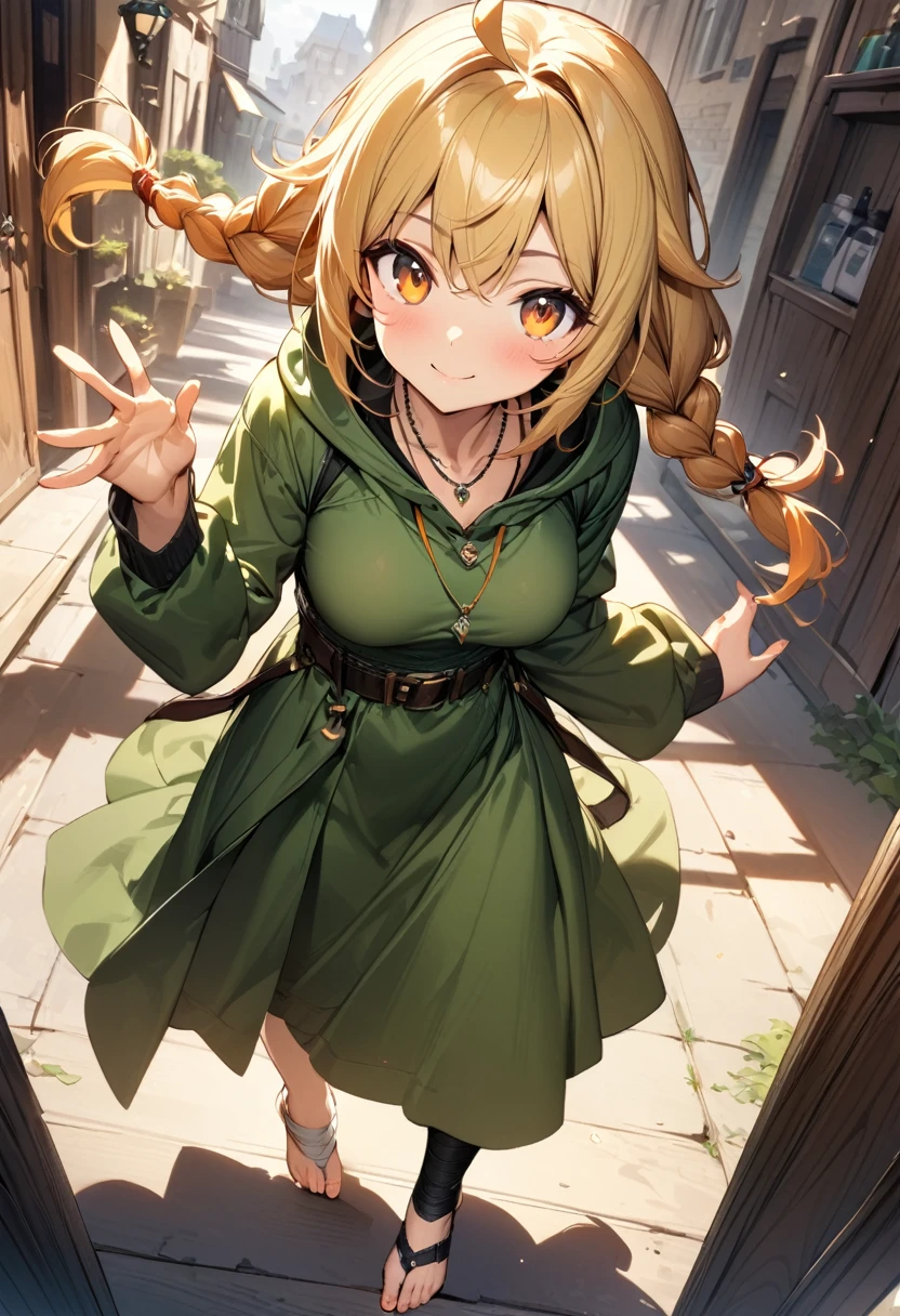 (masterpiece),(best quality),(ultra-detailed),(best illustration),(best shadow),(absurdres),(detailed background),(very aesthetic), 1girl, solo, twin-braids, braid, ankle-wrap, long-hair, blonde-hair, smile, simple-background, hair-ornament, ahoge, hood, hood-down, orange-hair, necklace, jewelry, full-body, looking-at-viewer, barefoot, toeless-legwear, hairclip, twintails, skirt, long-sleeves, orange-eyes, belt, breasts, green clothes,