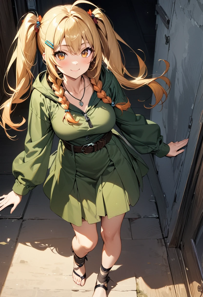 (masterpiece),(best quality),(ultra-detailed),(best illustration),(best shadow),(absurdres),(detailed background),(very aesthetic), 1girl, solo, twin-braids, braid, ankle-wrap, long-hair, blonde-hair, smile, simple-background, hair-ornament, ahoge, hood, hood-down, orange-hair, necklace, jewelry, full-body, looking-at-viewer, barefoot, toeless-legwear, hairclip, twintails, skirt, long-sleeves, orange-eyes, belt, breasts, green clothes,