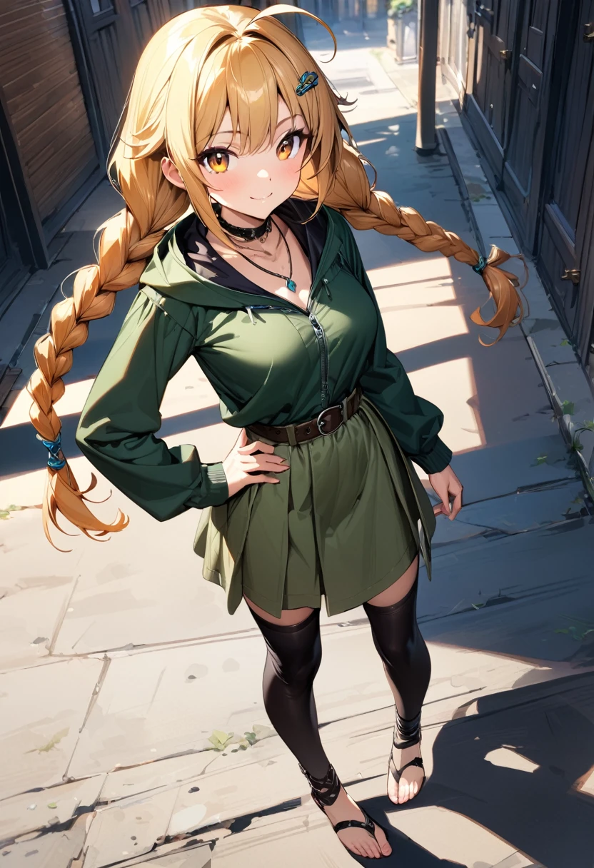 (masterpiece),(best quality),(ultra-detailed),(best illustration),(best shadow),(absurdres),(detailed background),(very aesthetic), 1girl, solo, twin-braids, braid, ankle-wrap, long-hair, blonde-hair, smile, simple-background, hair-ornament, ahoge, hood, hood-down, orange-hair, necklace, jewelry, full-body, looking-at-viewer, barefoot, toeless-legwear, hairclip, twintails, skirt, long-sleeves, orange-eyes, belt, breasts, green clothes,