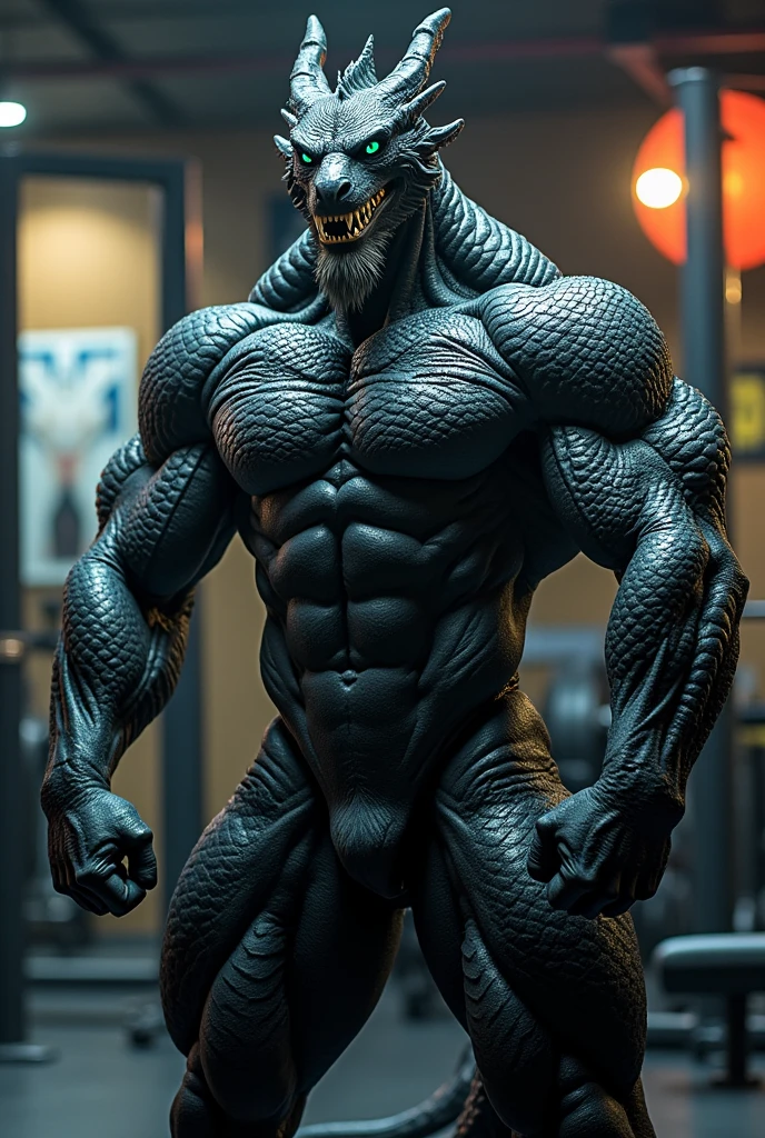 Black colored bara dragon, white countershade, black skin, strong physique, tribal tattoos, cyan colored eyes, black sclera, very muscular, perfect anatomy, scars on body, full body view in frame, solo, masterpiece,  beard, strong jaw, thick thighs, giant biceps, muscular, shark tail, grin, amazing shading, full body, detailed hands, detailed eyes, detailed face, detailed arms,anthro, muscular, abs, (detailed:1.5), male, detailed background,by zackary911, by nightterror, by sligarthetiger, huge plump pecs,                 bodybuilder pose, gym background, sweaty, looking powerful, perfect musculature, jockstrap, arms crossed, pec focus