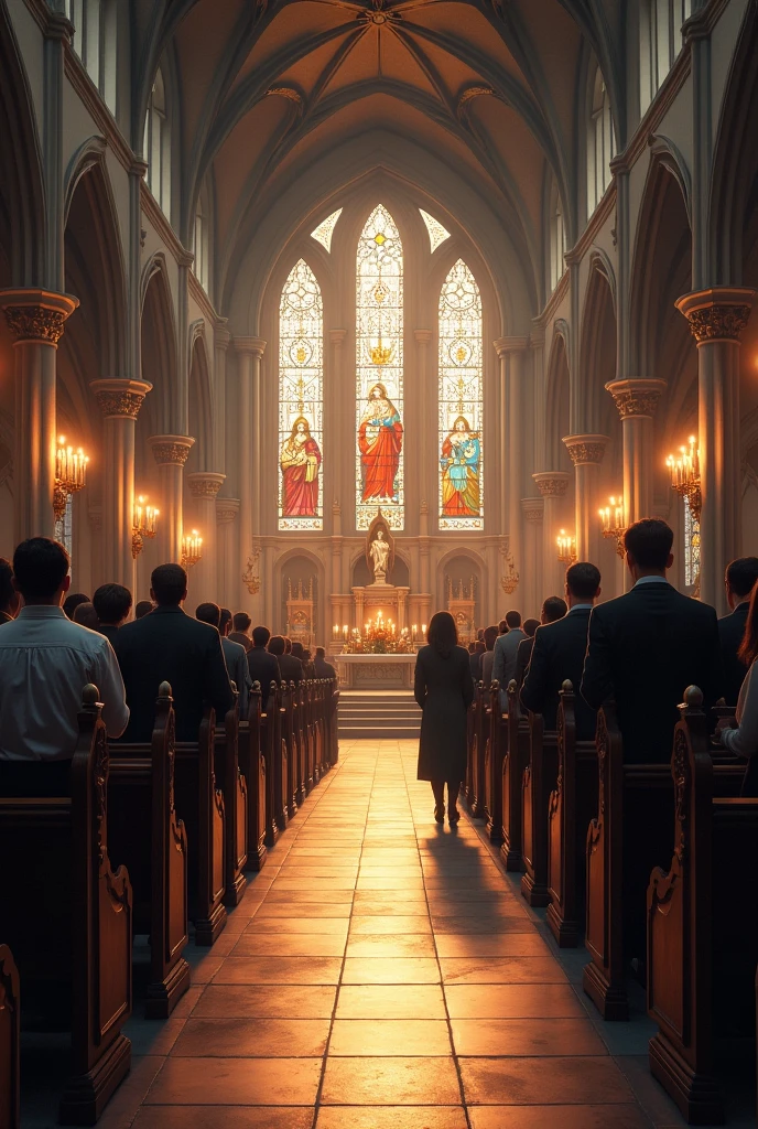 A serene and contemplative scene of people gathered inside a church. The interior is bathed in soft, warm light streaming through stained glass windows, casting colorful patterns on the stone floor. The congregation, dressed in a range of formal and casual attire, is seated or standing in quiet reverence. Some individuals are deep in prayer, while others are engaged in quiet reflection or listening attentively to a sermon. The church’s interior features ornate wooden pews, a majestic altar with candles, and religious icons or artwork adorning the walls. The overall atmosphere is one of peace, unity, and spiritual devotion.