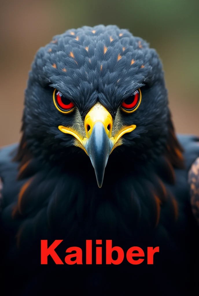 Just the face of a black faced hawk with red eyes with the words kaliber below it