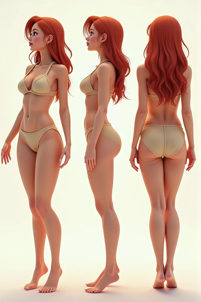 PICTURE REALISTIC, 3 d image, detailed character sheet, from front view, lateral view, oblique view, 4k high definition, richness of details, young woman, baby face, reddish brown hair, at shoulder height, breasts big, micro bikini in light beige color, pokies, breasts big, Waist slender, perfectbody, light beige lowleg pants, no pockets, perfect crotch. fully body. visible feet, exposed back, exposed belly button, perfect buttocks, round buttocks.
no back ground, no image overlay