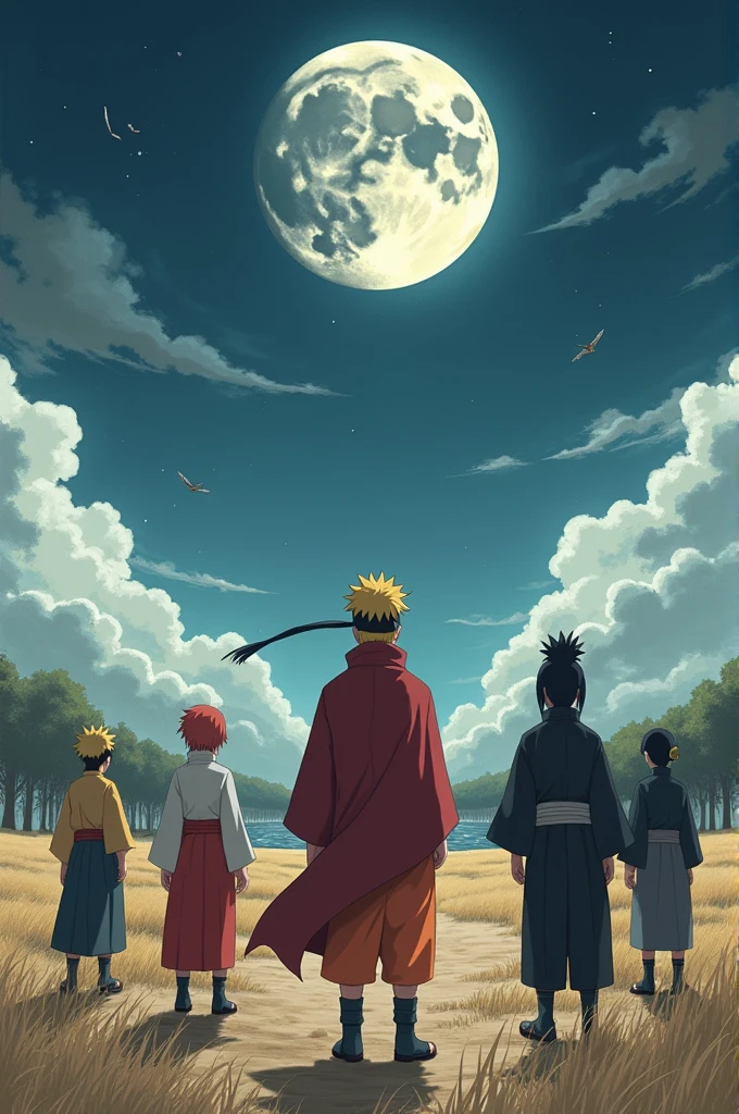 I want you to create a devastated scenario in an open field, Naruto Uzumaki is on the back in the Nine-Tails Chakra Mode, Next to Naruto are the Kage of each nation: tsunade, gaara, with, Oonoki and A are all looking at Kaguya Ootsutsuki who is flying in front of the moon.