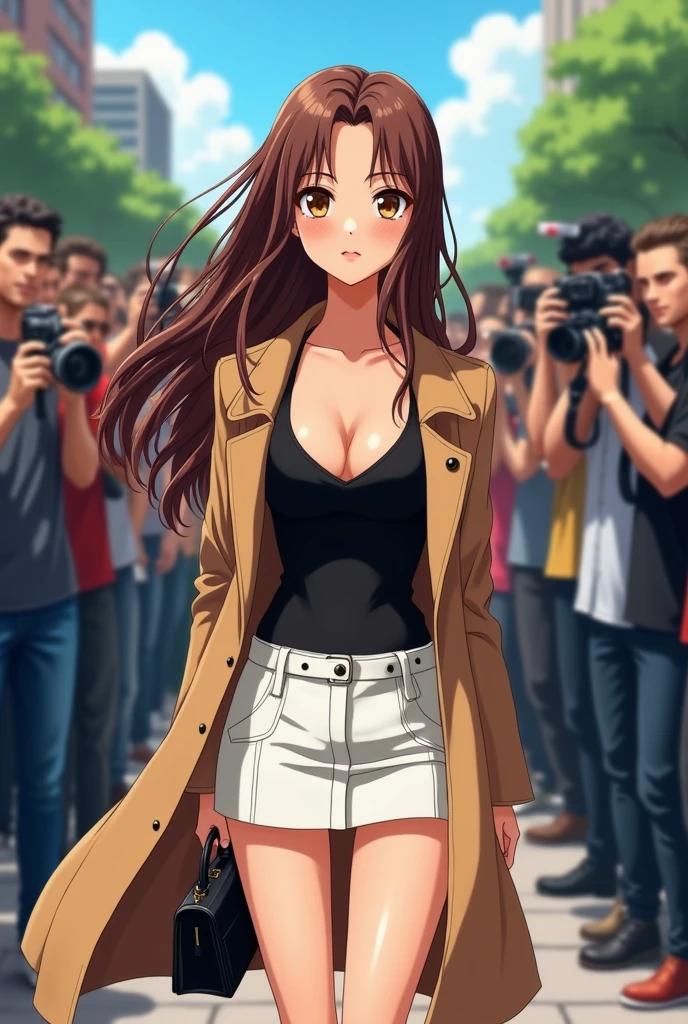 Make an anime style drawing of a white American woman with long brown hair, fairly big boobs, and brown eyes. She is wearing a tight and small black tank top with a v-neckline and she is wearing and unbuttoned tan trench coat and a small white short skirt and black heels. She has a black purse. Have her surrounded by paparazzi and cameras. She is very beautiful and young and around 18 years old