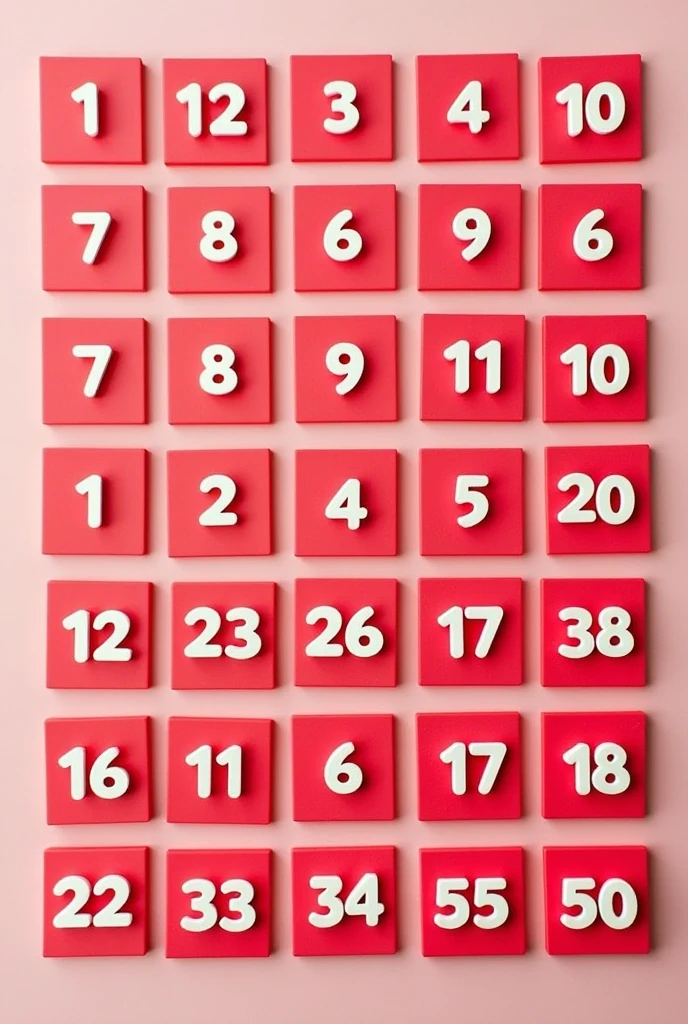 Cherry-colored squares with numbers from 1 to 50 separated for printing 