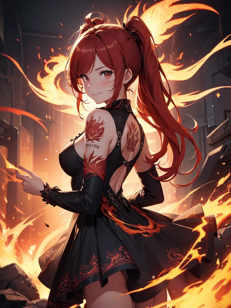 (((best quality, sharp image, clear image, cinematic lighting, 8k resolution, masterpiece, ultra detailed, intricate))) Girl, (((looking over left shoulder))), (shot from behind), ((shot from hip up)), fiery red hair, pigtails, ((intricate black dress)), ((flaming sigils, flaming runes)), spiky rock formations, (flaming lotus flowers frame), (intricate background), (chaotic background), ((Phoenix)), (swirling flames), smiling,tatoo on back