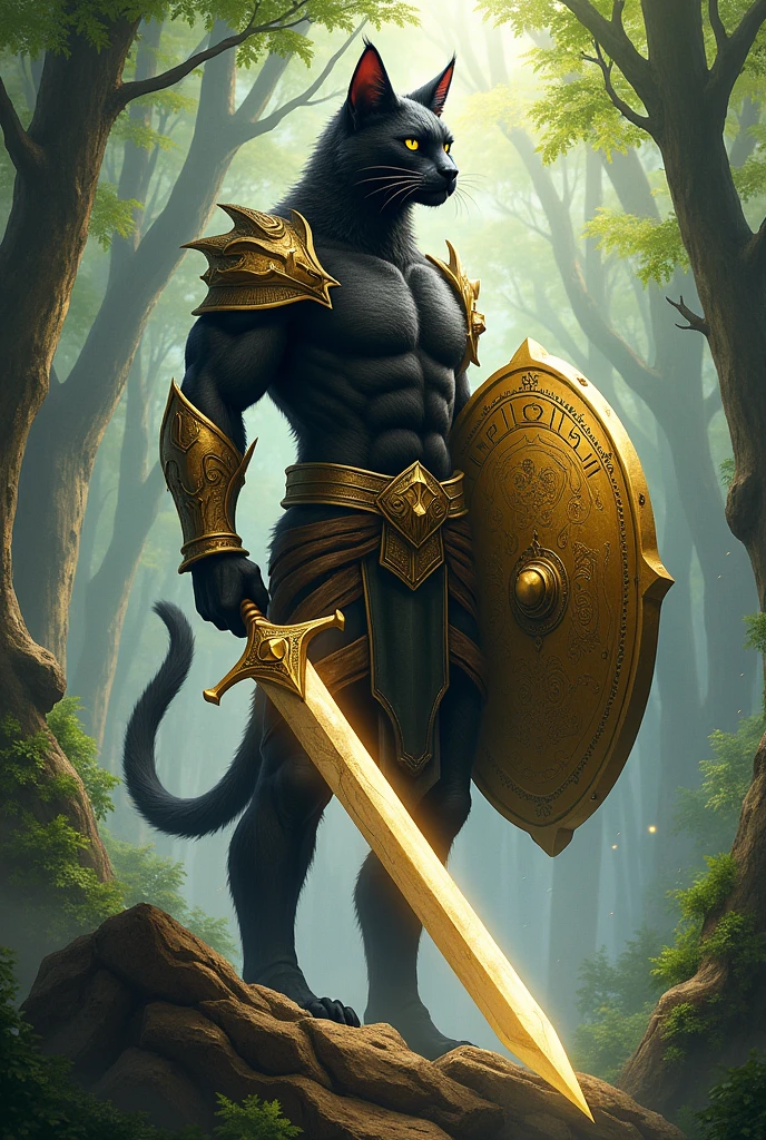 I want you to make an image of a humanoid feline with a large sword and shield.
I want you to make him holding the shield in front of him.