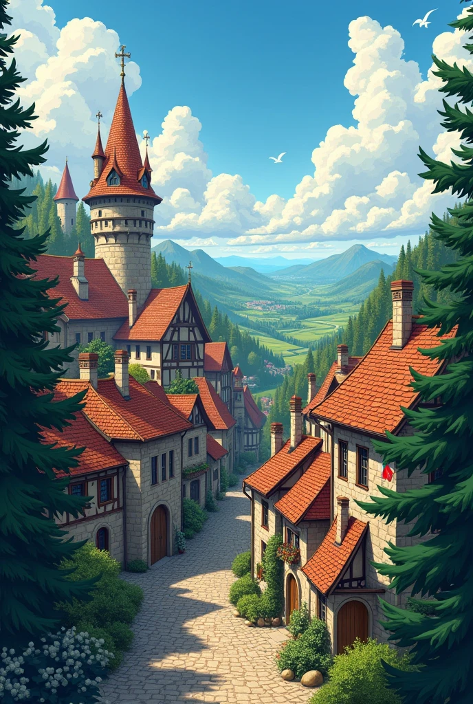 ((masterpiece)),((best quality)),((high detail)),((realistic,)) ((ultra detailed)) landscape of a small medieval town, cartoonist illustration, aeria view, beautiful sky, deformed clouds, 1.3:pine trees, towers.