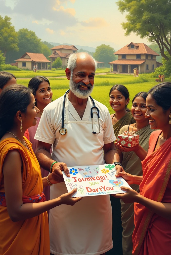 Villagers’ Gratitude: Villagers presenting Dr. Sudhir wearing apron and stethoscope with a handmade thank-you card or gift.