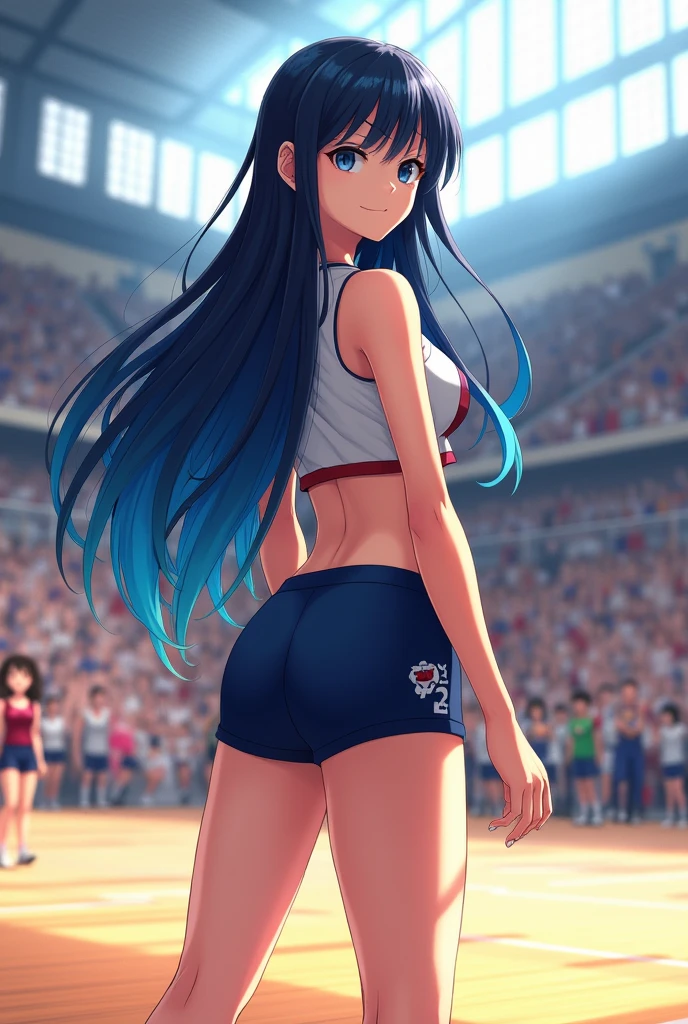 Create a female Haikyuu anime character with long blue and black hair., with navy blue eyes, a flat stomach and large breasts, height 1.95, with pale skin and large thighs