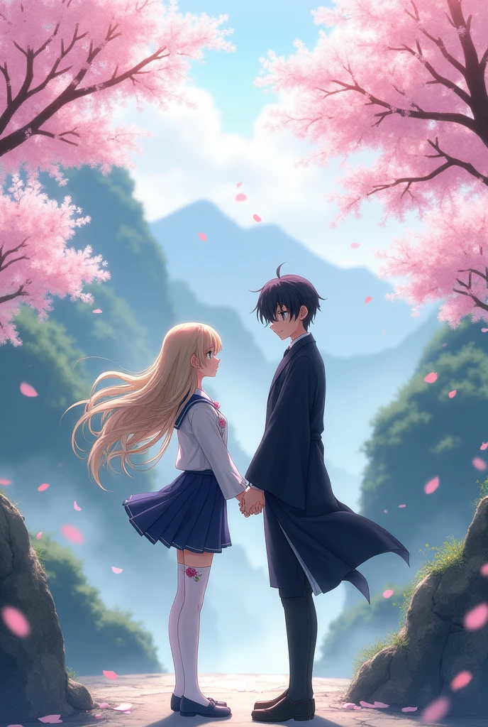 Captura de pantalla de kimetsu no yaiba. A girl with phosphorescent green eyes, beige wavy hair, wearing Mitsuri's uniform but with the top covered, wearing long white stockings with a pair of pink roses, wearing a dark blue haori and holding hands with Tokito.