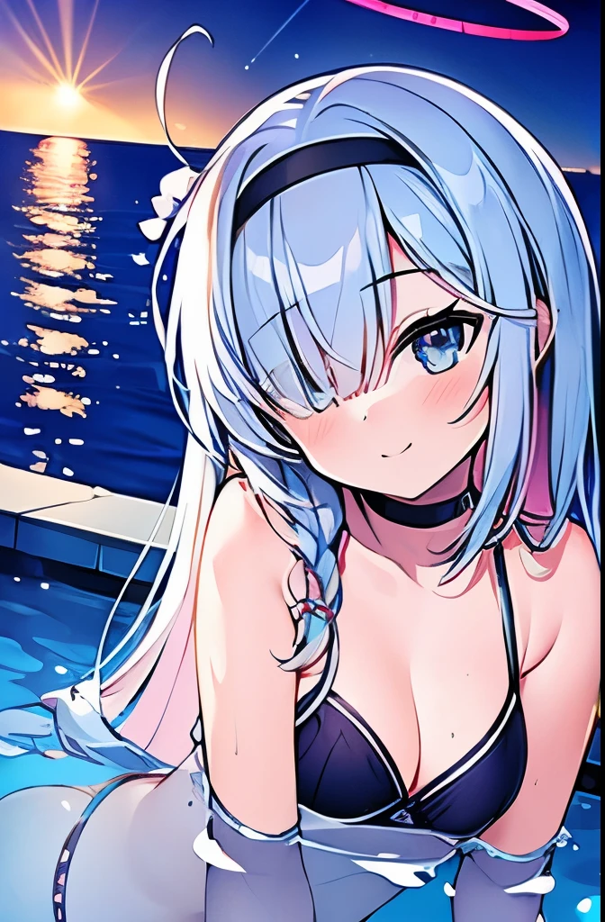 ((masterpiece)), ((best quality)), (ultra-detailed), pool, night, a cute girl, 1girl, solo, bikini, ((beautiful eyes)), smile