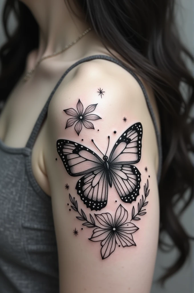 tatoo with faith, butterfly, hearts, stars and flowers, black and white delicate