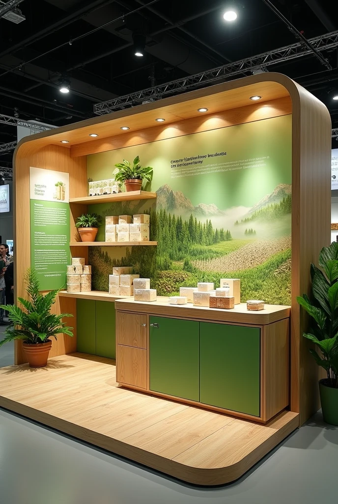 generate 4 to 5 image of kiosk 3d exhibition stall display for product biodegradable rice husk food packaging box with food moisture absorber packet
