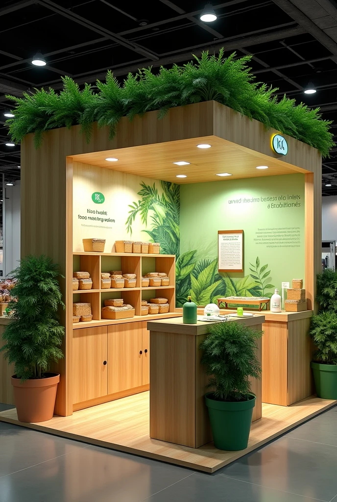 generate 4 to 5 image of kiosk 3d exhibition stall display for product biodegradable rice husk food packaging box with food moisture absorber packet