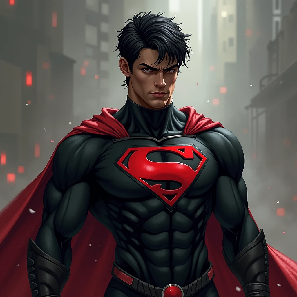 Create a young justice villain,he is as powerful as Superboy,although veste trajes diferentes como o do superboy,
, he has black skin, has 1,76,military short hair,with black attire made by Slade Wilson,He has a pretty face,although ,bloodthirsty,but make the image without an “S” letter on the chest