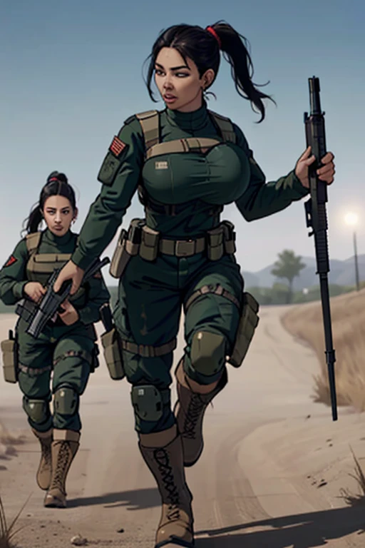 group of female soldiers on the battlefield, war photography, (cinematic lighting:1.1), highest quality, photo of (group of fully dressed really tanned 20yo sexy muscular female army special forces with taut clothing military top, ponytail hair, running holding a rifle), (bouncing breasts, motion lines, motion blur), too tight military shirt, medium_boltedontits, perfectly round breasts, breast implants, unaligned breasts, perfect face, parted lips, dumb expression, (wearing military Combat uniform, battlepack, boots:1.2), athletic body, on the battlefield, fake tits, bootsnutes