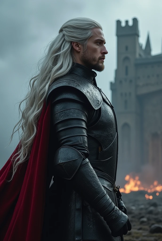 A marvelous man, tall skinny, rico, of Valyrian blood, GOT character style, stark, black and red armor, AT 20 YEARS OLD, silver-haired