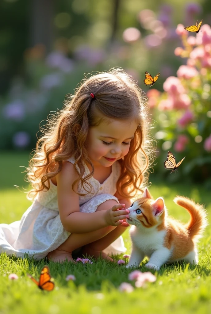 The girl touches the kitten