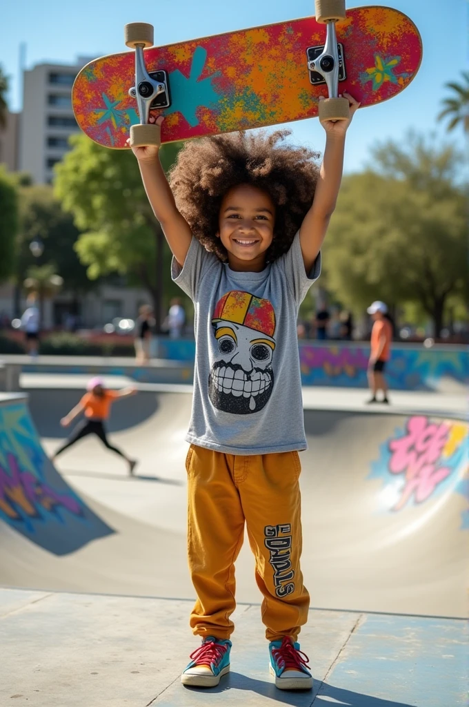  with curly hair lifting a skateboard above their head 