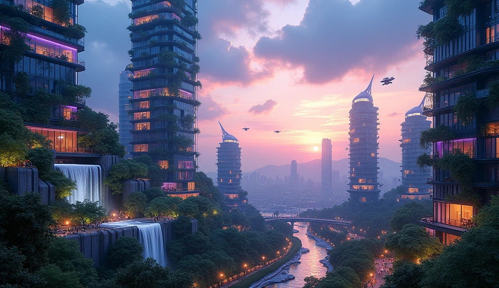  a mesmerizing fusion of nature and technology, the image showcases a futuristic cityscape set against a twilight sky. Towering skyscrapers with sleek, glass facades rise gracefully, their surfaces reflecting hues of deep blue and violet. These structures are interwoven with lush vertical gardens, where vibrant green foliage cascades down the sides, creating a living tapestry.

Waterfalls flow gently from the upper levels of the buildings, their crystalline waters illuminated by soft, colorful lights embedded within the architecture. The city’s streets are bathed in a gentle glow from bioluminescent plants that line the sidewalks, adding an ethereal quality to the scene.

Hovering vehicles zip silently through the air, leaving trails of shimmering light. In the background, distant mountains and a serene river add depth to the scene, merging the natural landscape with the urban marvel. The sky above transitions from a warm, glowing sunset to the cool, star-speckled expanse of night, framing the city in a dreamlike aura.